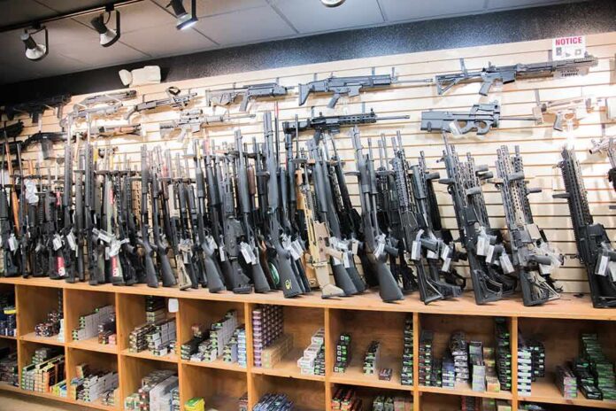 Wall of rifles and shotguns in a gun store