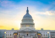 United States Capitol building at sunset