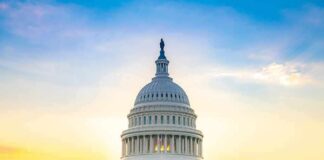 United States Capitol building at sunset