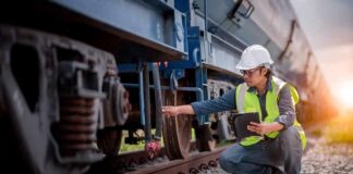 Railway inspector checking freight train wheel with tablet