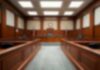 Empty courtroom with wooden benches and judge's bench