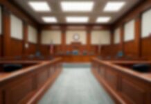 Lying Cop Robbed Man of 6 Years Empty courtroom with wooden benches and judge's bench