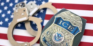 ICE officer badge and handcuffs on an American flag
