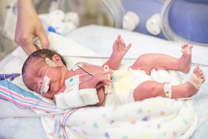 shutterstock_778786111 Premature newborn in NICU with monitoring tubes