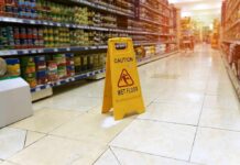 yellow wet floor sign in supermarket aisle