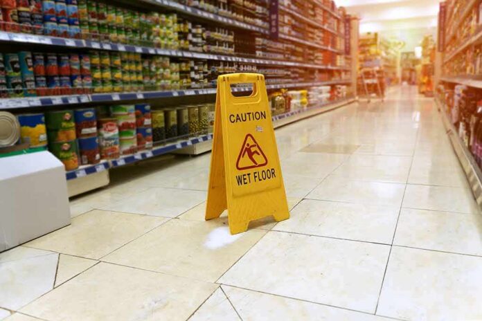 shutterstock_1013129098 yellow wet floor sign in supermarket aisle