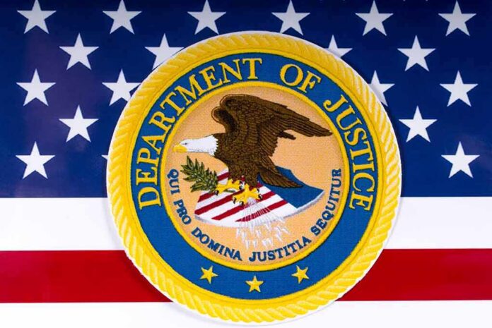 Department of Justice seal on American flag background