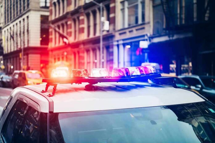 shutterstock_1326266501-1 Police car with flashing lights in city street