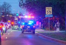 Horrific Crowd Crash Stuns – Van Plows into 10! Emergency vehicles with flashing lights on a city street at night