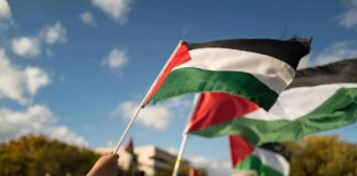 Palestinian flags waving at an outdoor rally