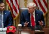 Trump Announces $25 Million Whistleblower Fraud Program Donald Trump speaks at a meeting table beside Marco Rubio